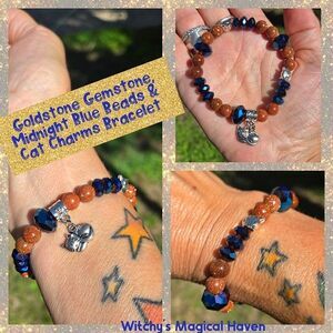 Goldstone Gemstone Beads with Midnight Blue Beads and Cat Charms Bracelet